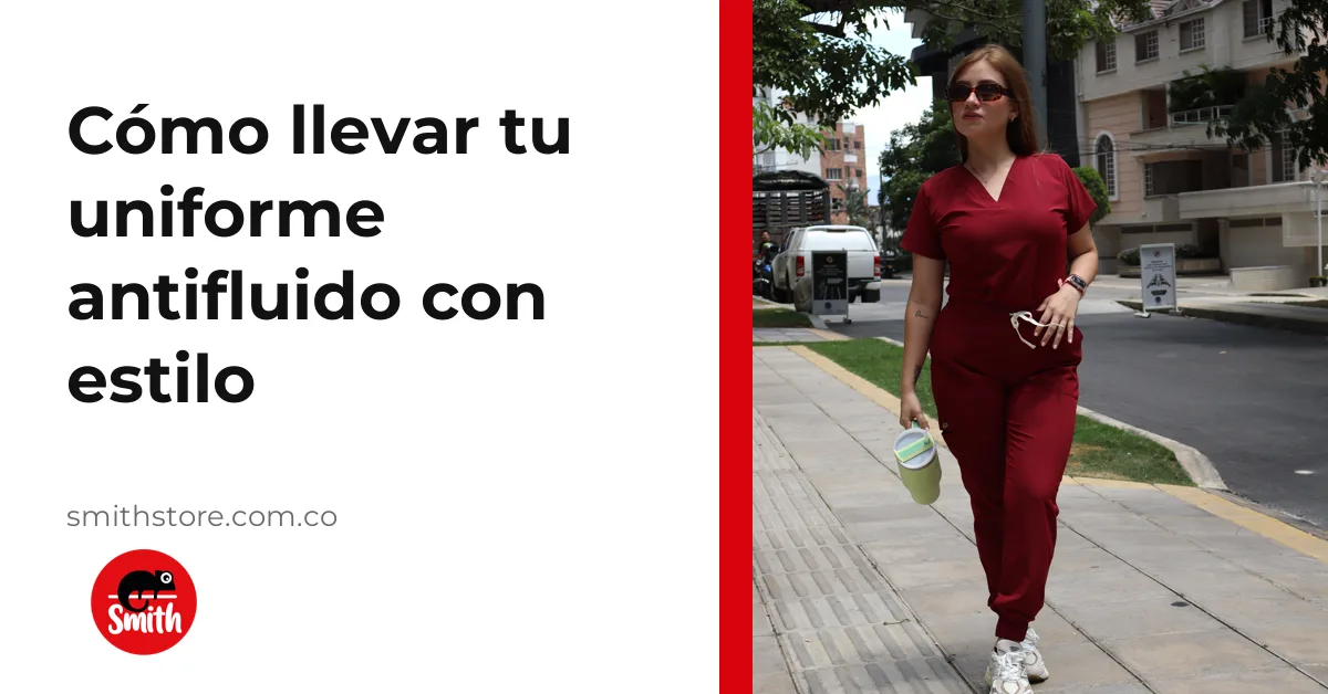 Mujer caminando por la calle con uniforme antifluido Smith en vinotinto