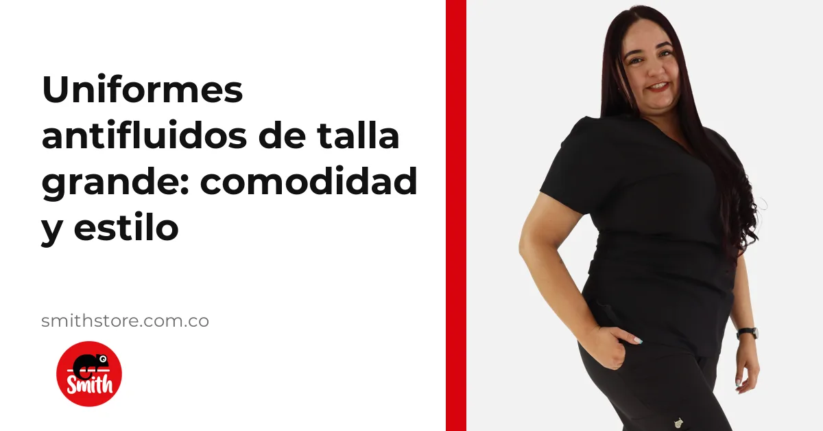 Mujer con uniforme antifluido Smith Plus Size en negro, sonriendo